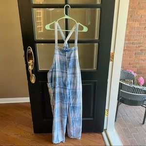 UO blue and yellow plaid oversized overalls!